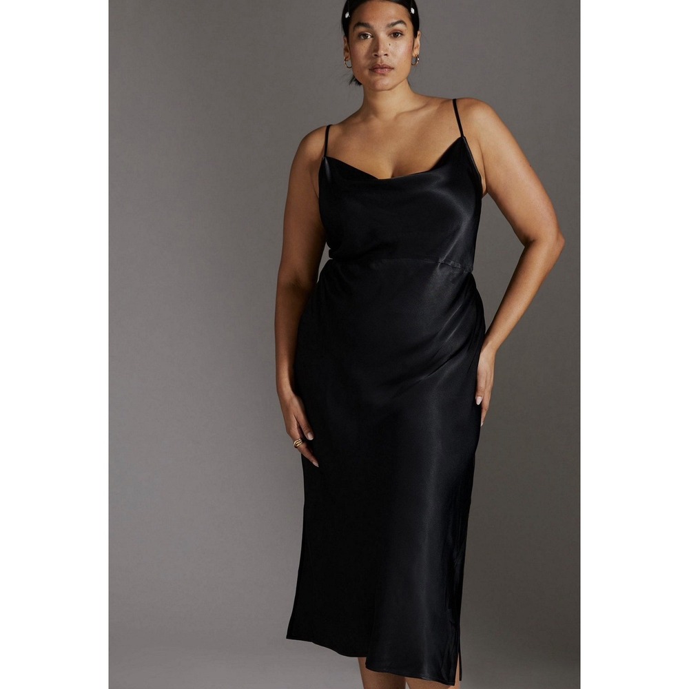 ANTHROPOLOGIE Elyse Bias Satin Slip Dress Black Cowl Midi Whimsigoth 1X BHLDN